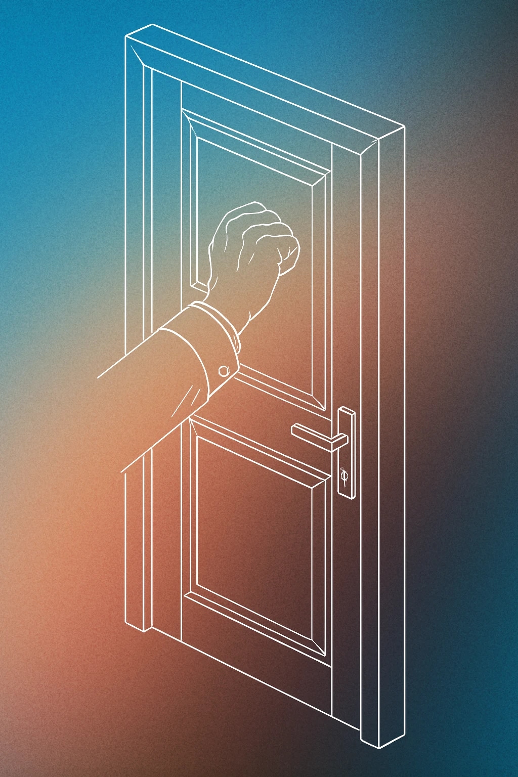 Cover of a single, slightly ajar door with a prominent hand knocking on it for Knock Knock sound effects