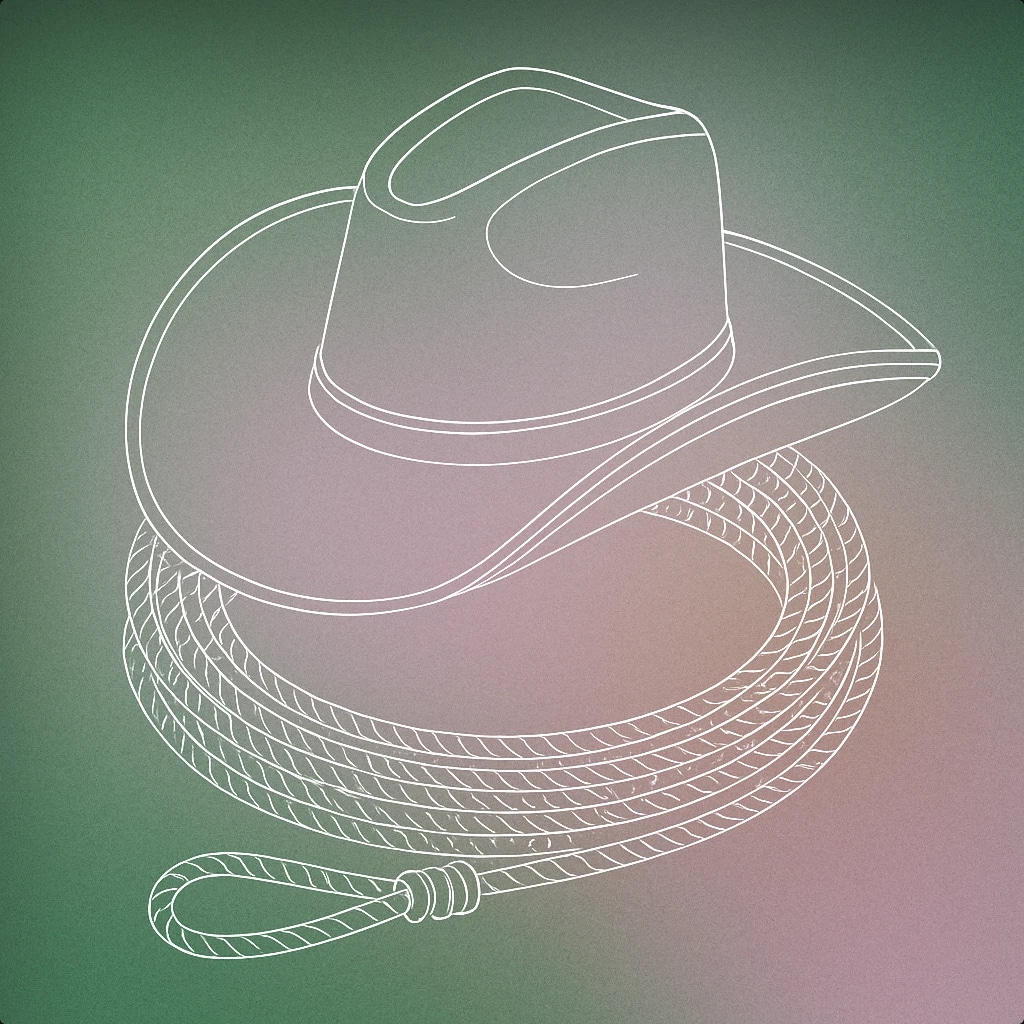Cover of cowboy hat resting on a coiled lasso for Western sound effects