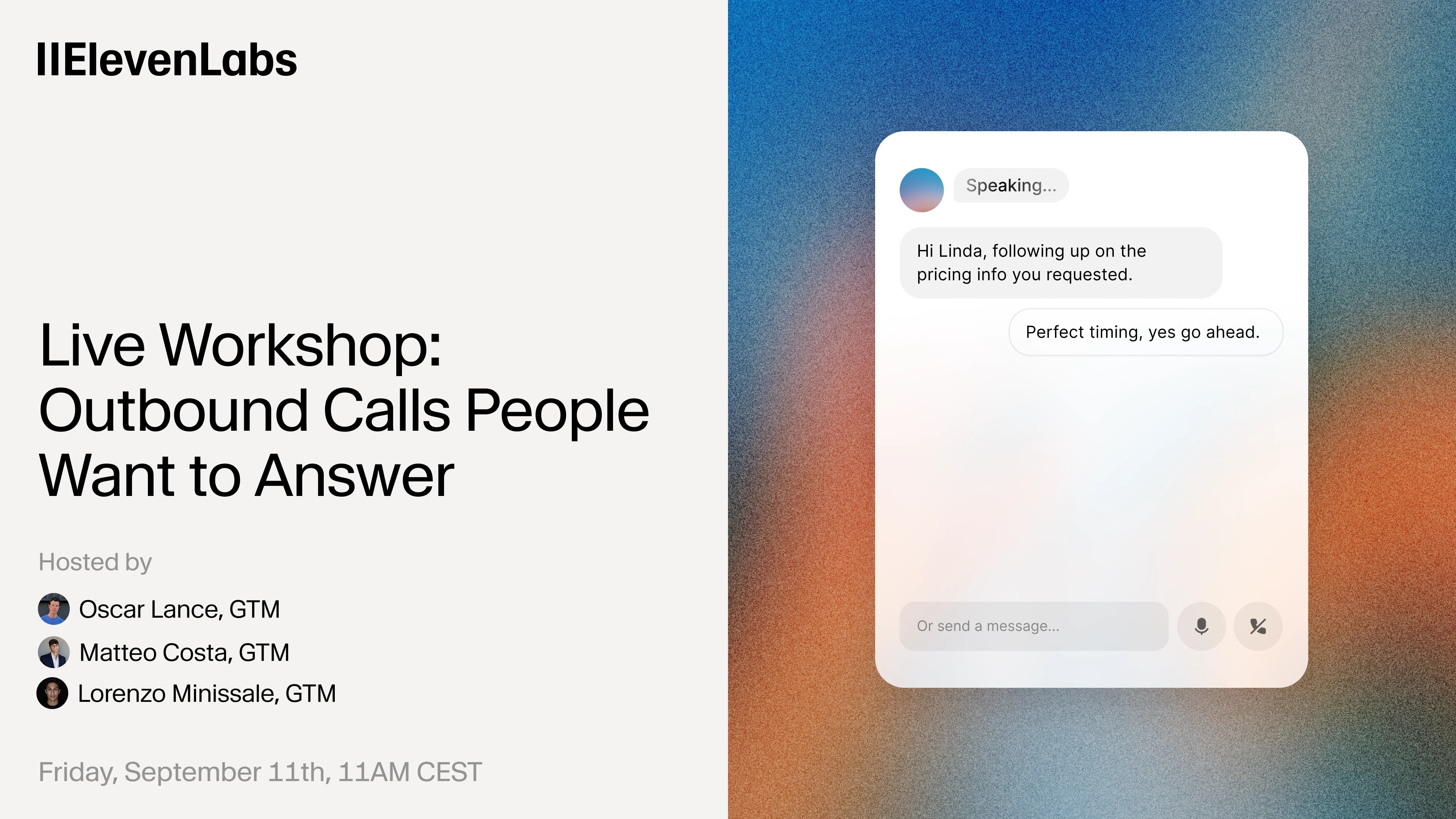 ElevenLabs live workshop on outbound calls, featuring an AI voice follow-up demo.