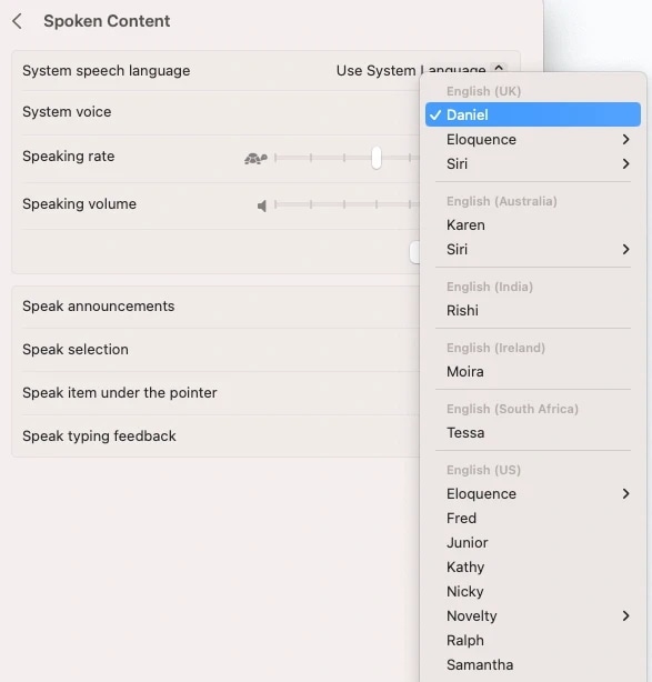 macOS Spoken Content voice menu open, with Daniel selected and English voices listed. How to do text to speech on mac guide