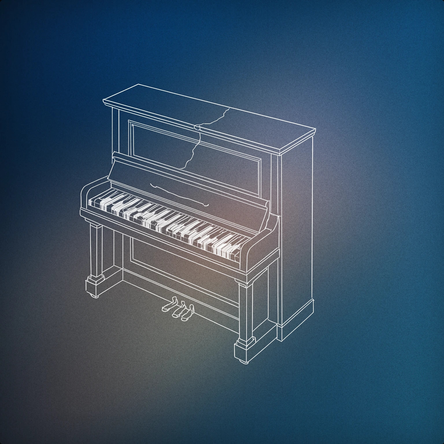 Cover of an antique upright piano with broken keys and a cracked lid for Horror Music sound effects