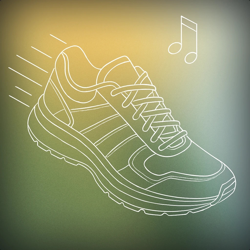 Cover of a stylized running shoe with exaggerated motion lines and a small musical note above it for Cartoon Running sound effects