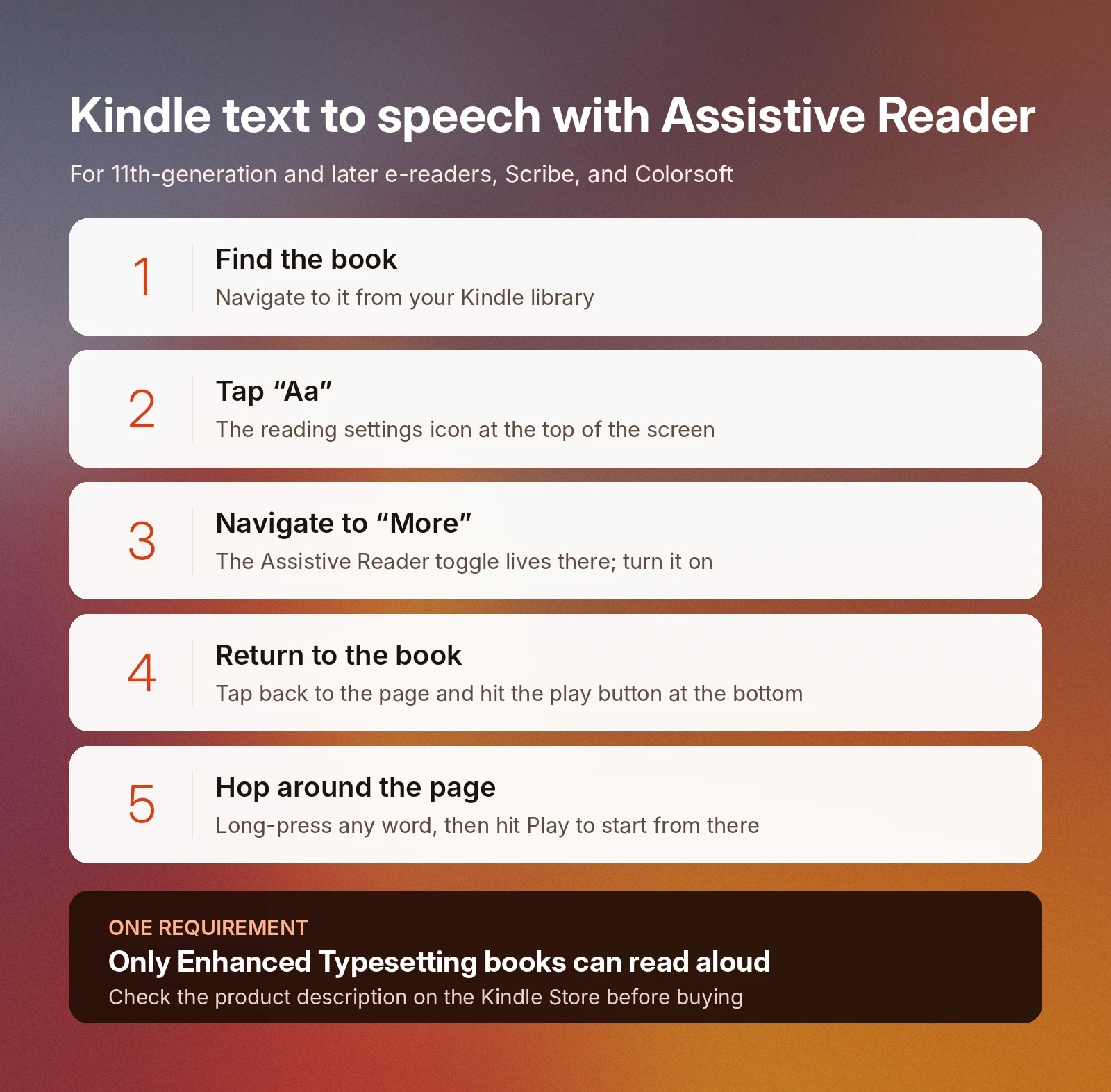 Five steps to enable Kindle text-to-speech with Assistive Reader; Enhanced Typesetting required.