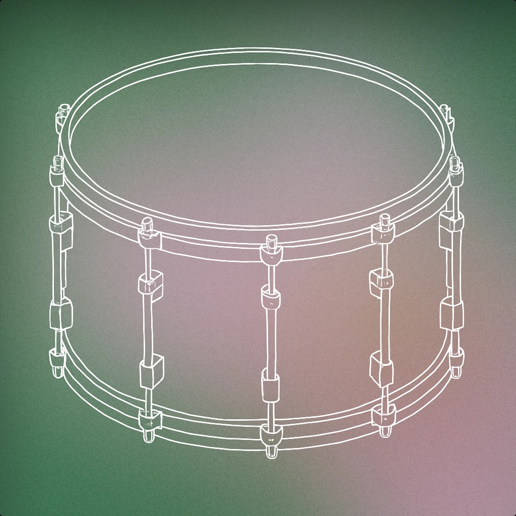 Cover of A single snare drum with its tension rods and drumhead clearly visible, viewed from an angle that shows its cylindrical shape and the top surface. for Snare Drum sound effects
