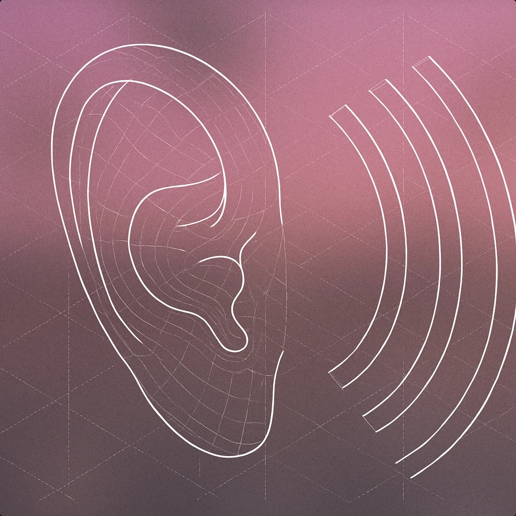 Cover of stylized large ear with subtle abstract ripple lines emerging from it for Crowd Murmur sound effects