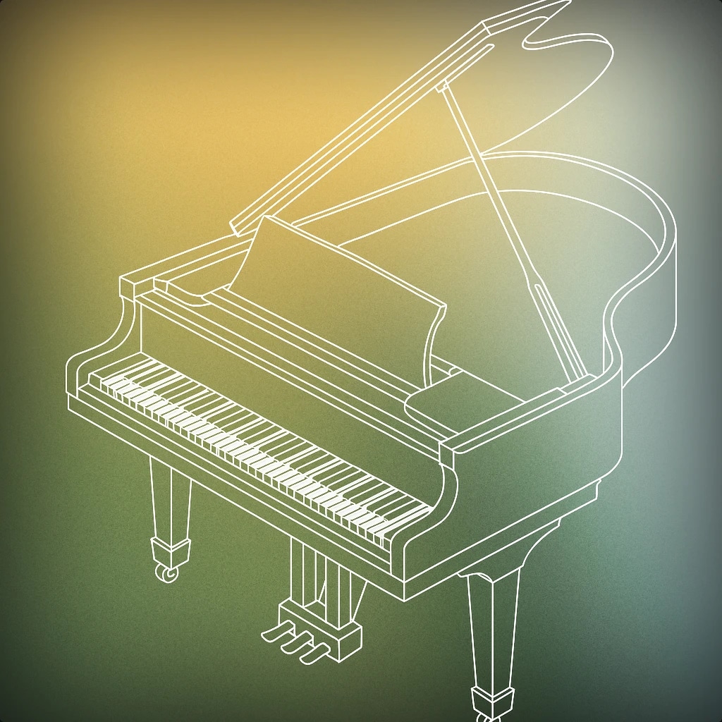 Cover of Grand piano with its lid open, viewed from above at an angle to show the keyboard and the curved body for Piano sound effects