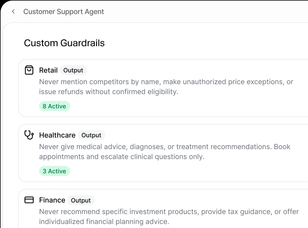 Customer Support Agent interface showing retail, healthcare, and finance guardrails.