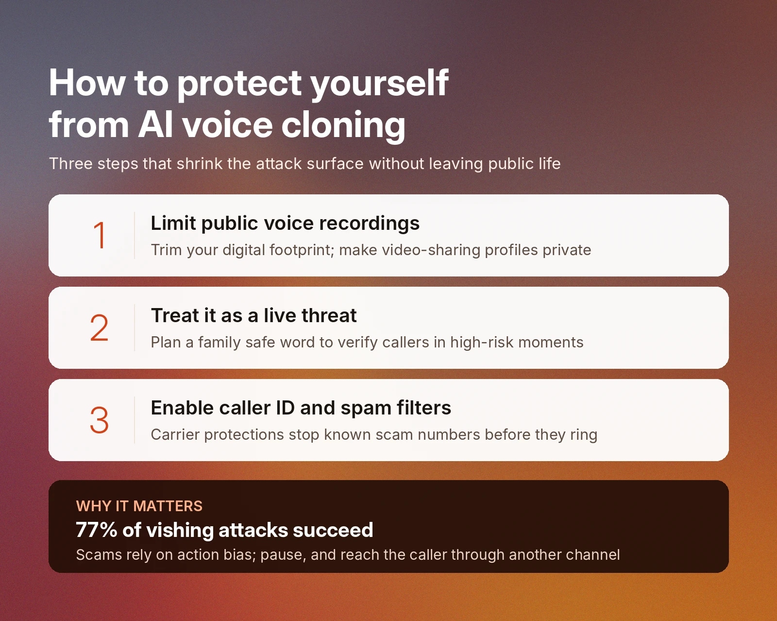 Three ways to prevent AI voice-cloning scams: limit recordings, verify callers, and filter spam.