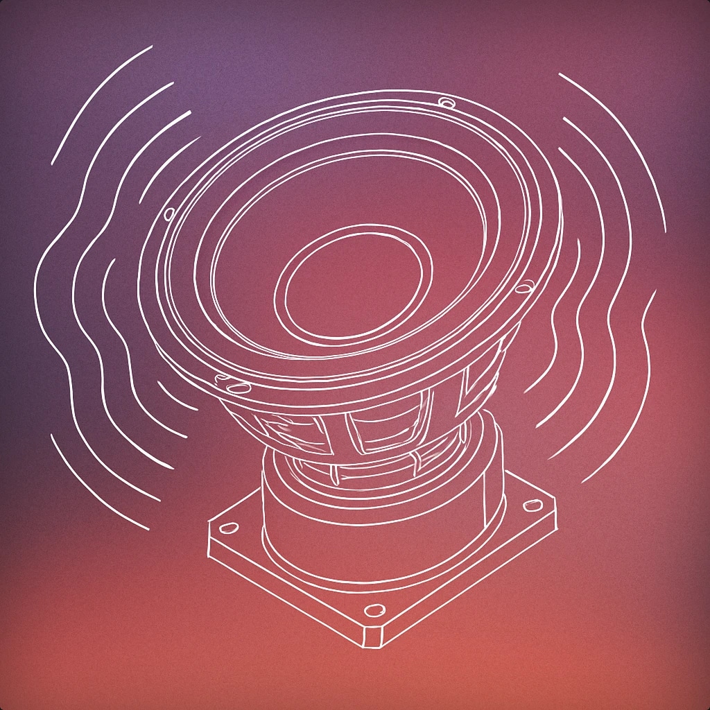Cover of a large, stylized subwoofer cone with exaggerated vibration lines radiating outward for Womp sound effects