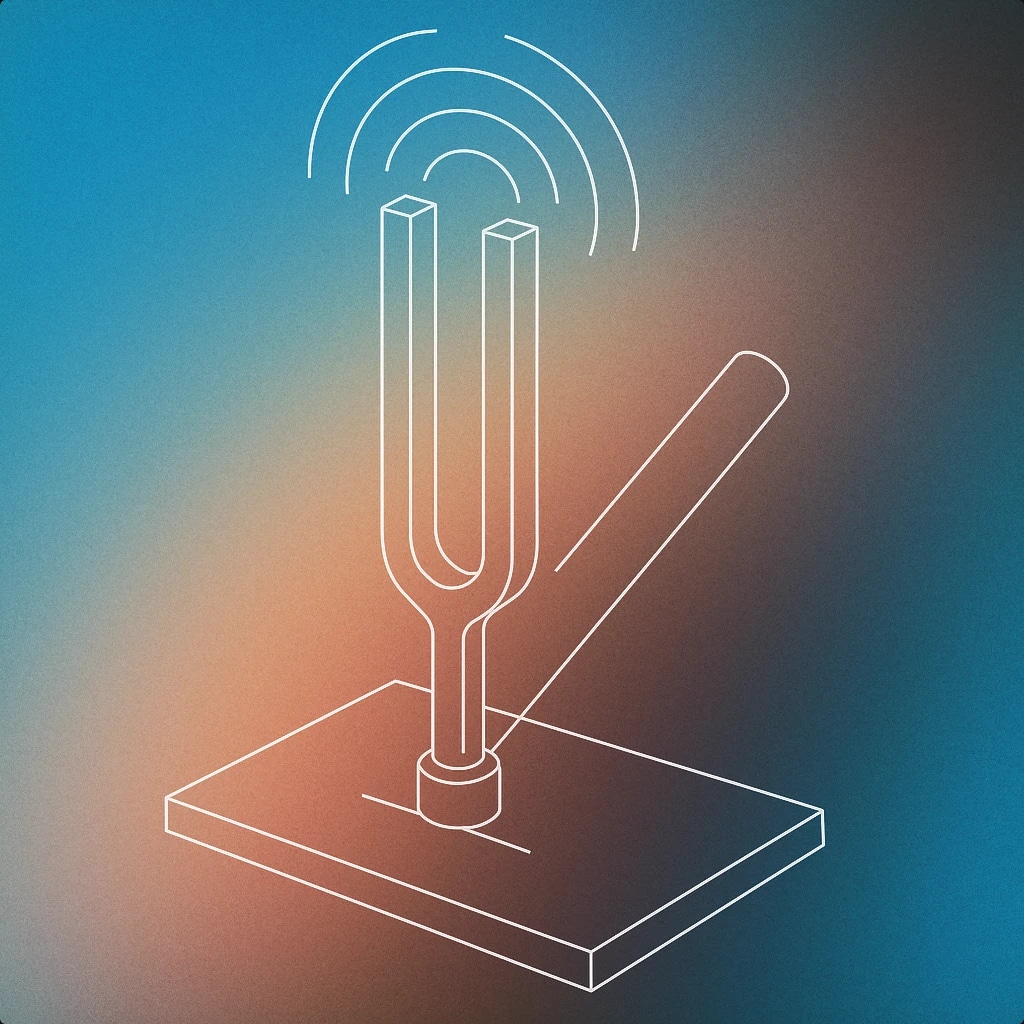 Cover of a single tuning fork striking a flat surface with a visible vibration arc above it for Bounce sound effects