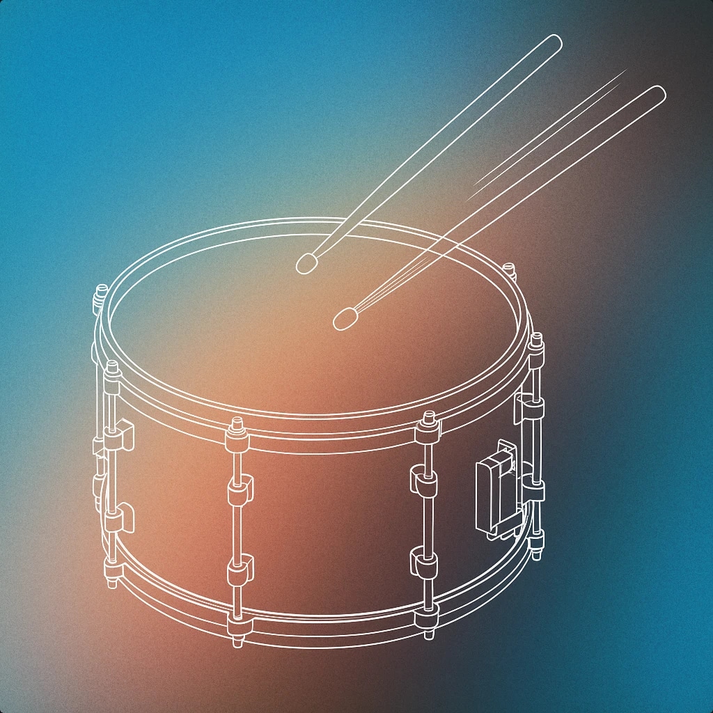 Cover of a single snare drum with a pair of drumsticks poised above it, one stick slightly blurred to suggest rapid motion for Drum Roll sound effects
