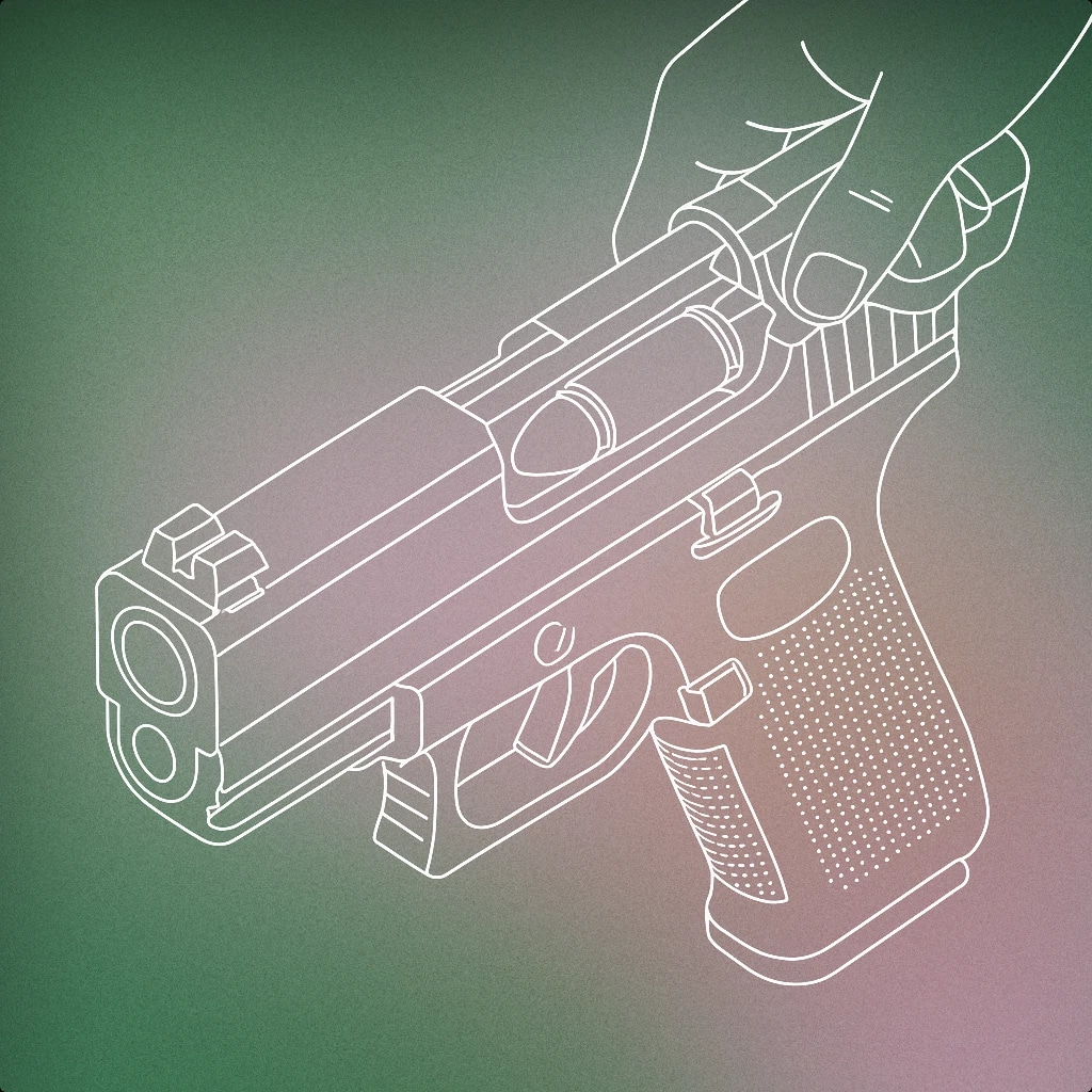 Cover of a close-up of a handgun slide being pulled back, showing the ejection port and a visible bullet in the chamber for Gun Cocking sound effects