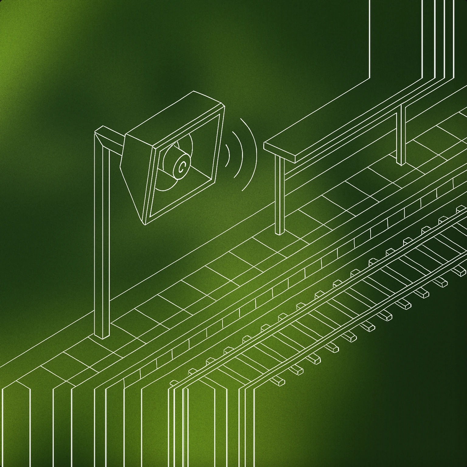 Cover of a stylized train station platform with a prominent platform loudspeaker mounted above, emitting simple abstract sound lines for Transit sound effects