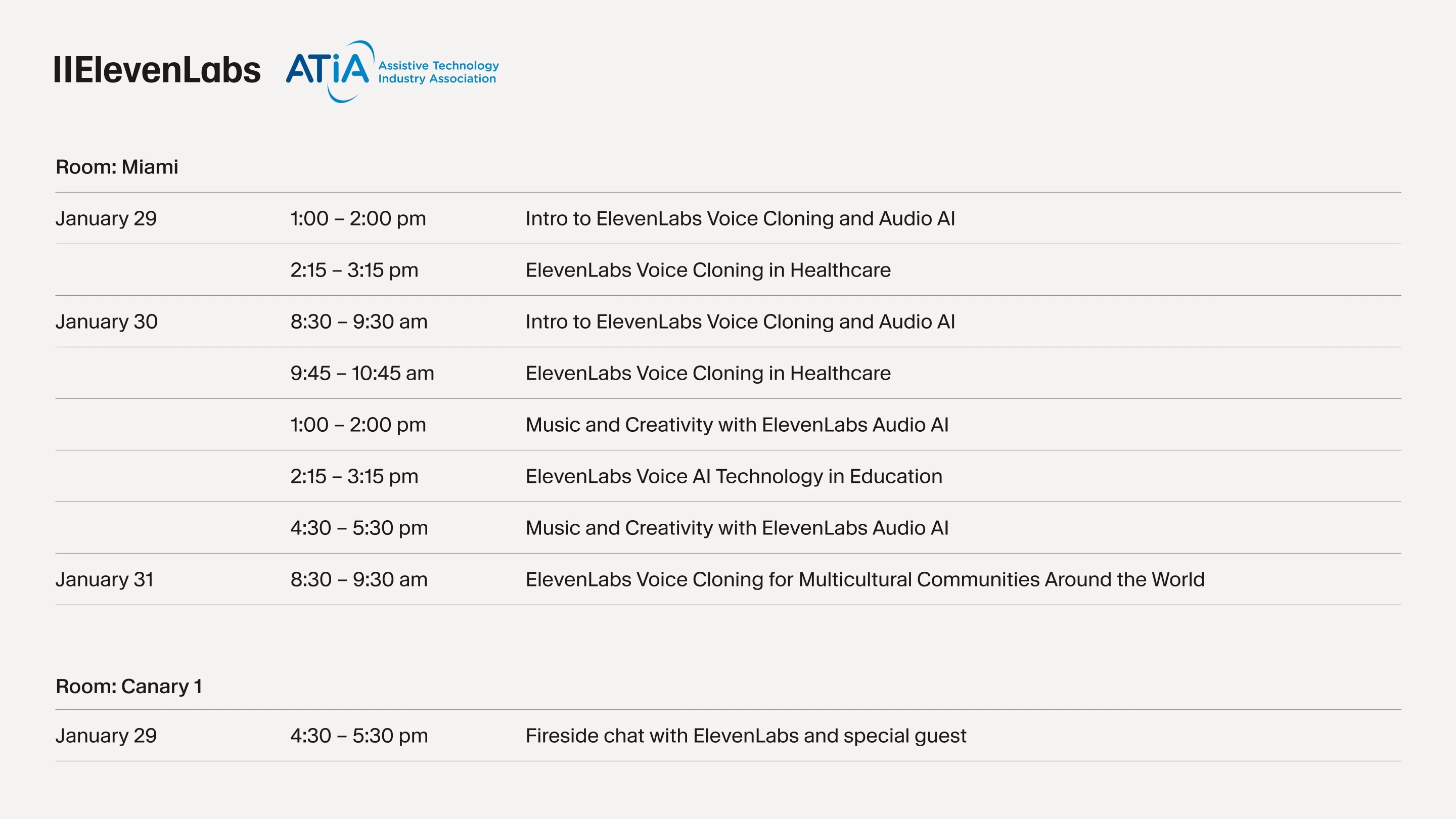 Schedule showing ElevenLabs masterclass schedule at ATIA