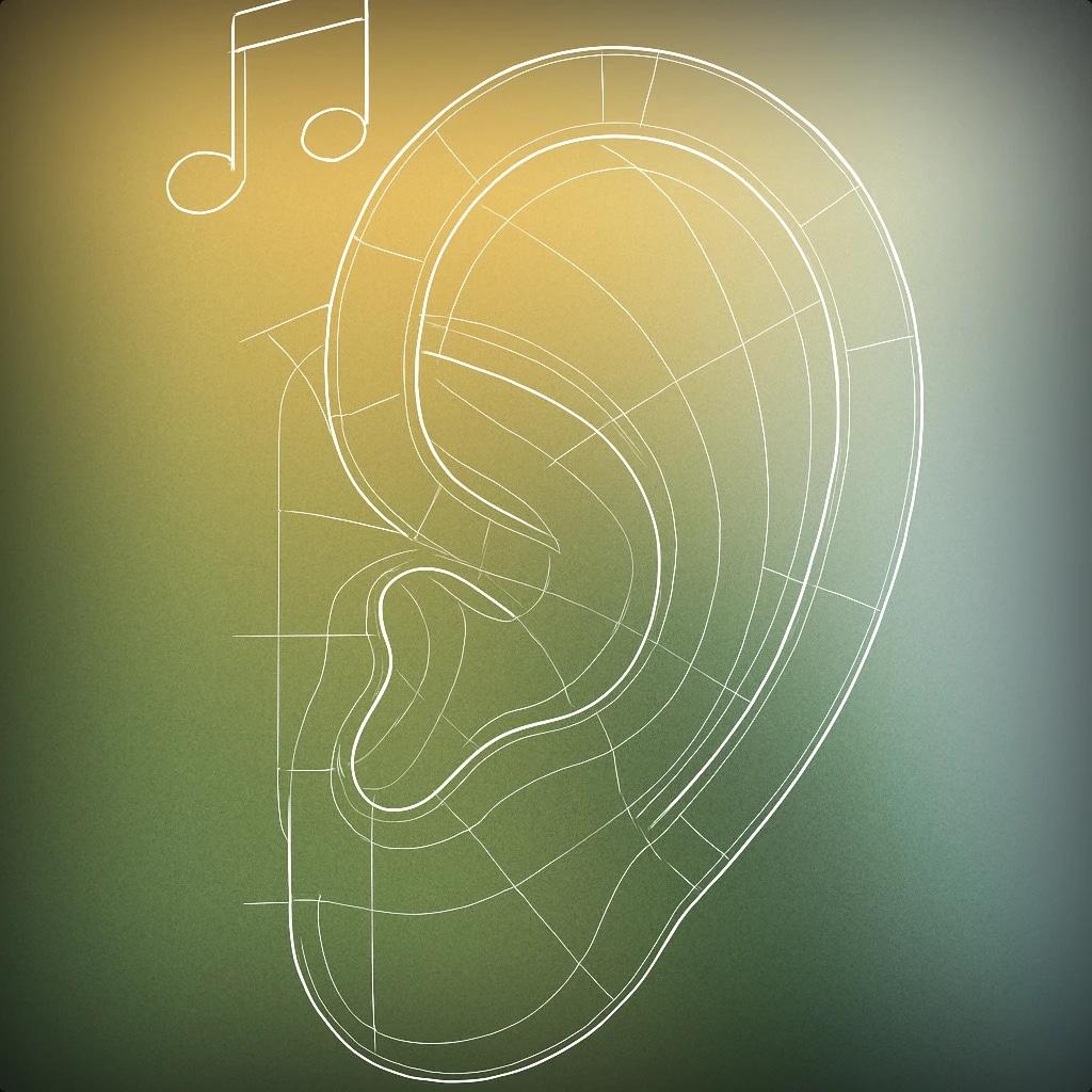 Cover of a stylized, oversized cartoon ear with exaggerated curves and a single musical note floating above it for Cartoon sound effects