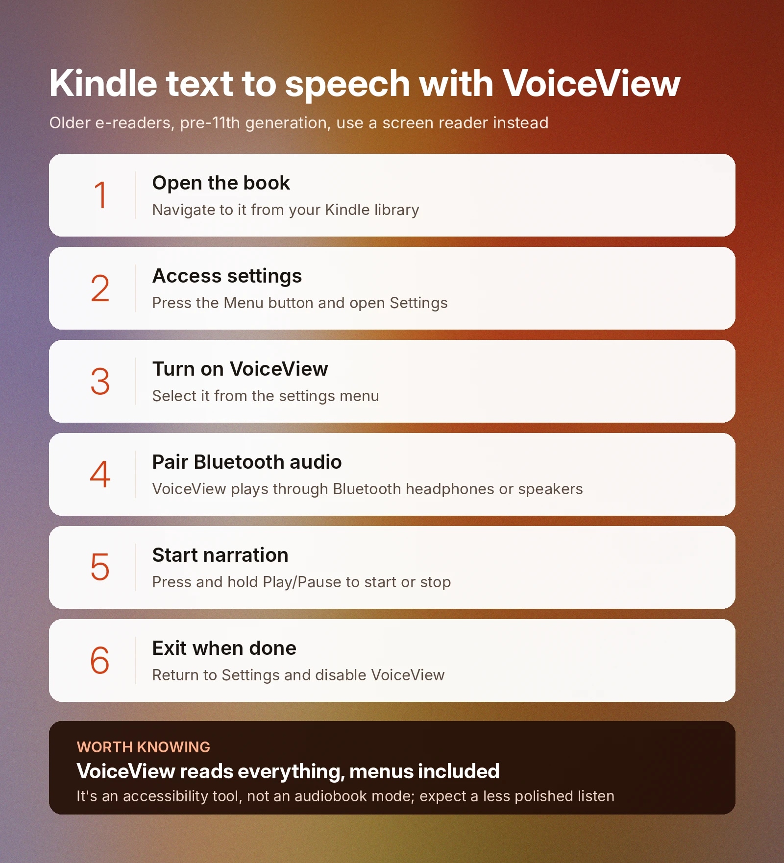 Kindle VoiceView setup steps: enable it, pair Bluetooth audio, and start narration.
