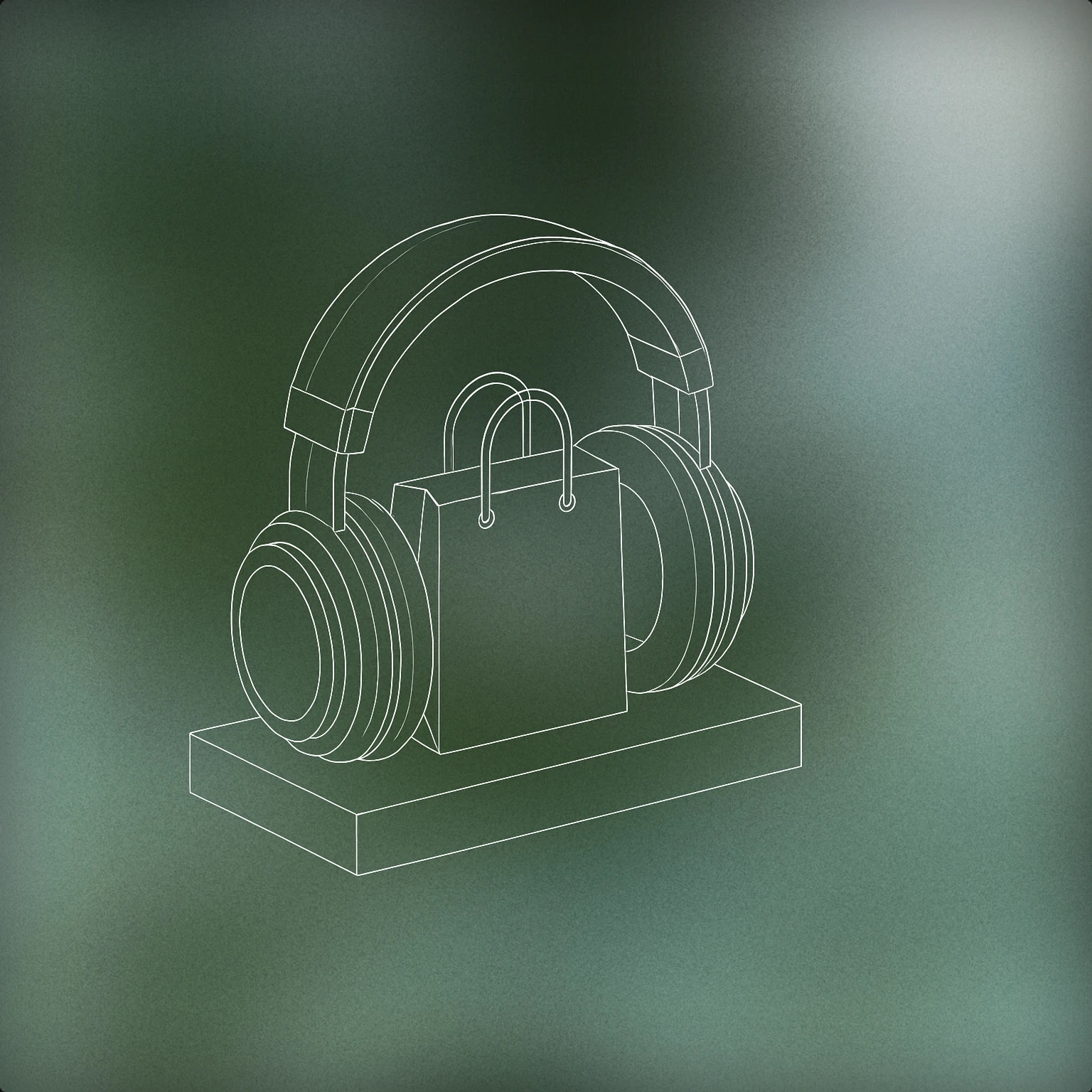 Cover of A large, stylized set of over-ear headphones resting on a minimalist counter, fully enclosing a simple, iconic shopping bag at the center for Store sound effects