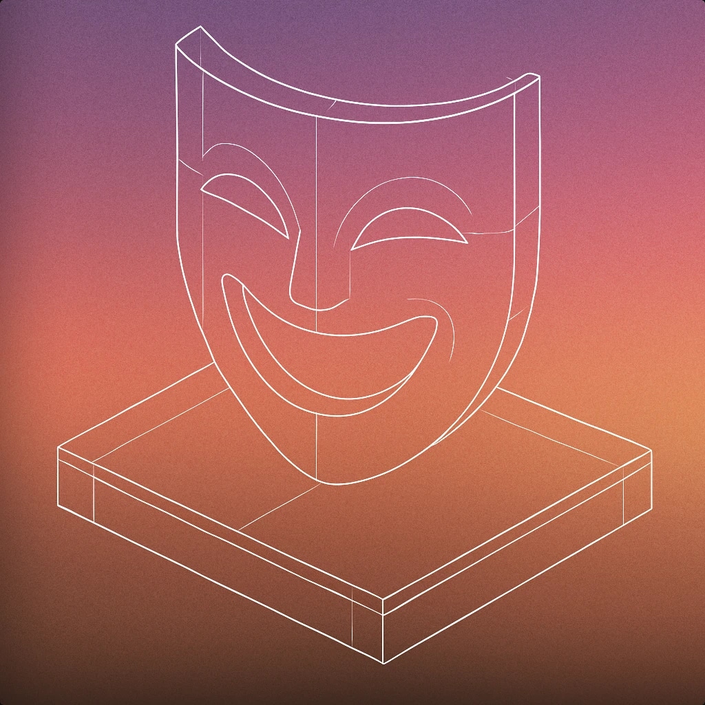 Cover of a stylized theater mask with an open mouth and upward-curved eyes, placed on a simple stage platform for Audience Laughing sound effects