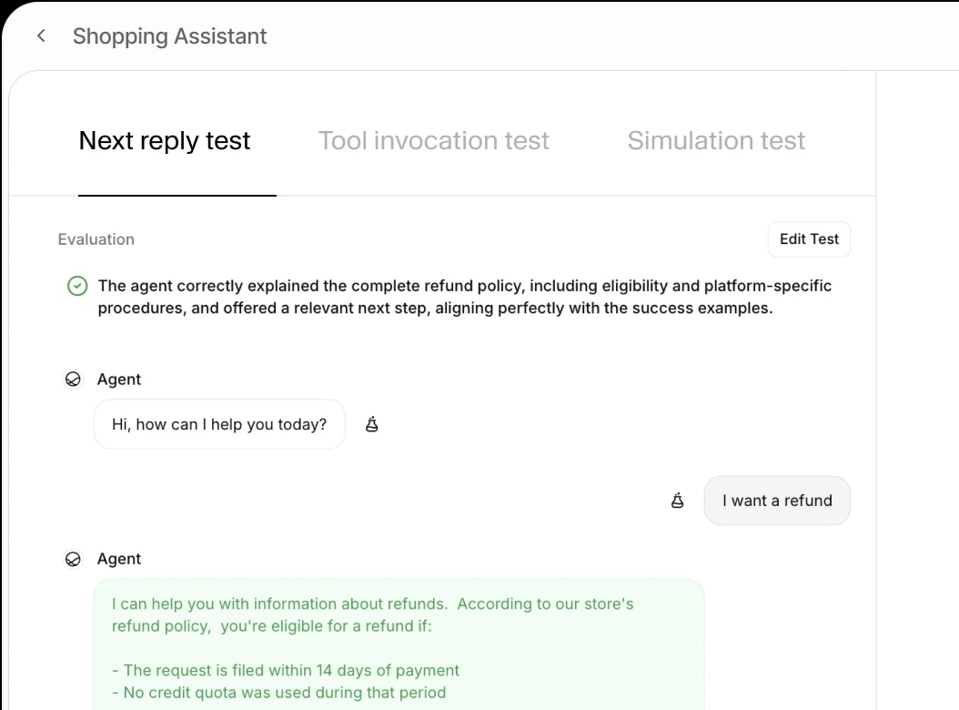 Shopping Assistant UI showing a refund policy explanation and evaluation statement.
