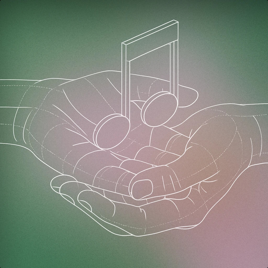 Cover of a pair of interlocking hands gently holding a single musical note for Emotional sound effects