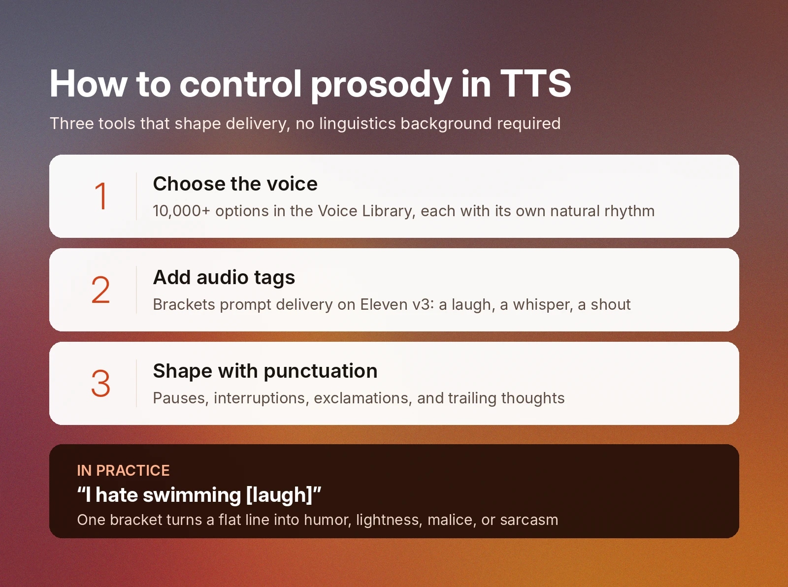 TTS prosody guide: choose a voice, add audio tags, and use punctuation to shape delivery.