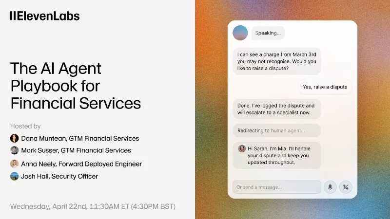 IIElevenLabs webinar on AI agents in financial services, hosted by four professionals.