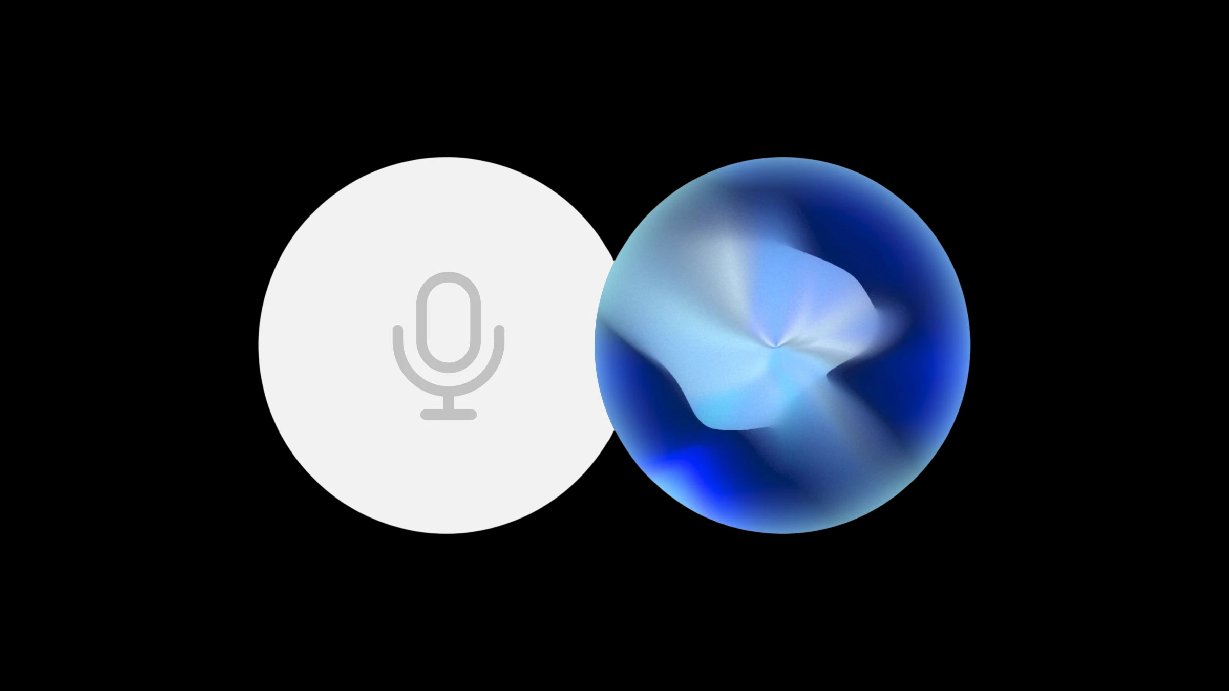 A blue and silver abstract spherical shape next to a gray microphone icon.