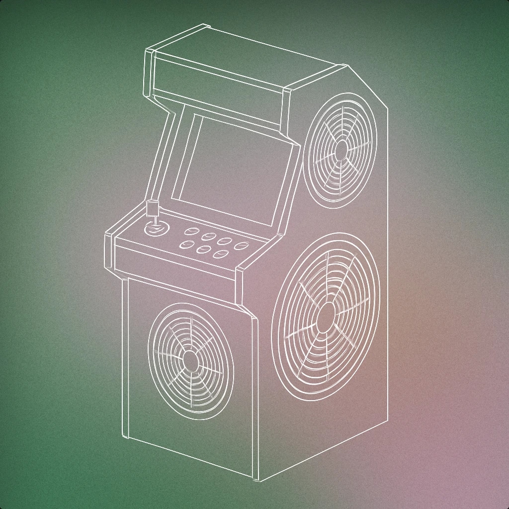 Cover of A stylized game machine cabinet with prominent circular speaker grilles for Arcade sound effects