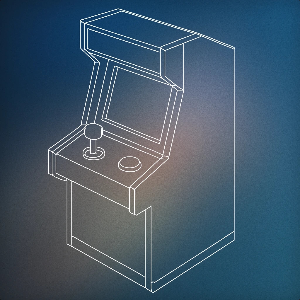 Cover of retro arcade game cabinet with a prominent joystick and a single large button for Arcade Game sound effects