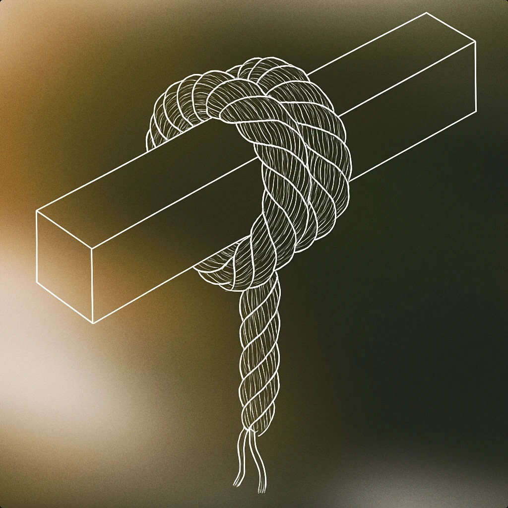 Cover of a thick, frayed rope tightly looped over a simple wooden beam, with a single loose strand hanging down for Rope Creak sound effects