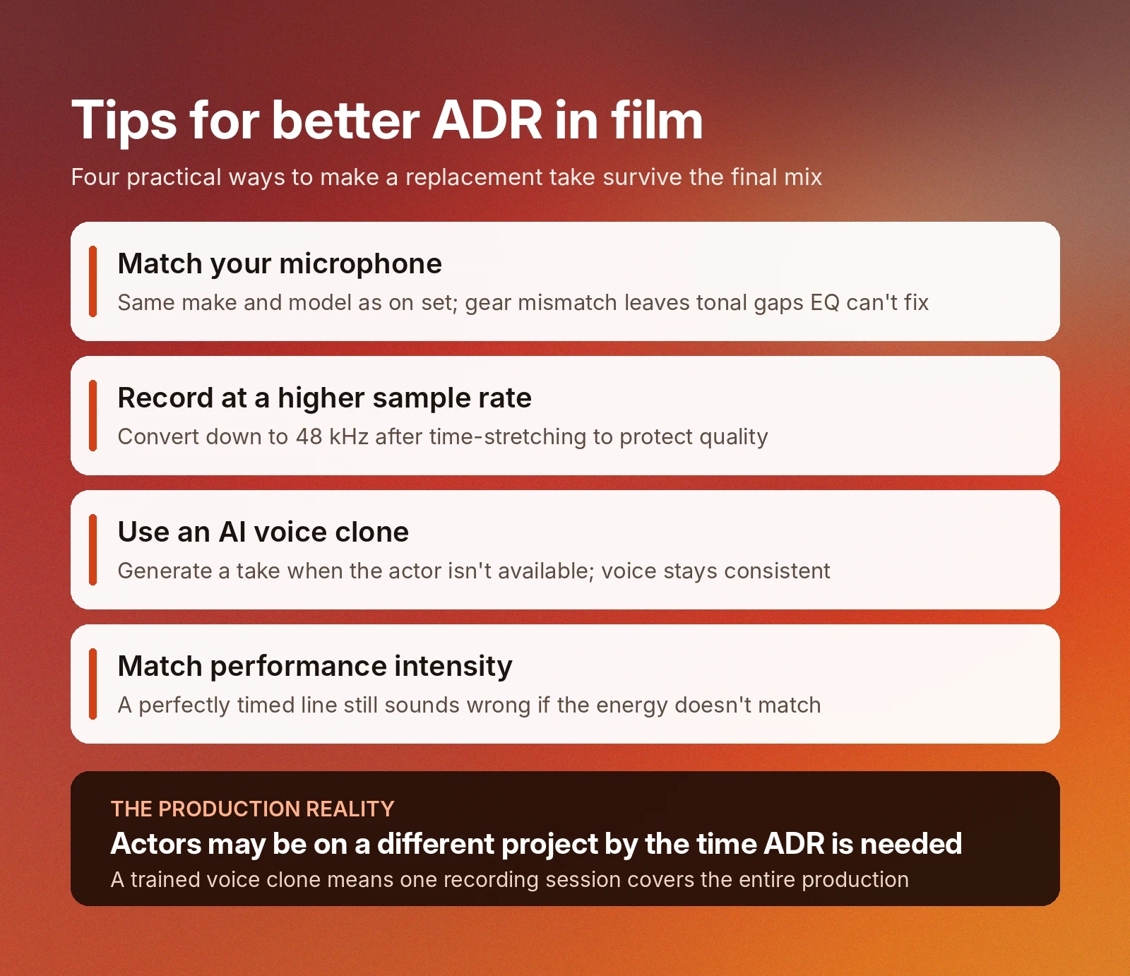Four ADR in film tips: match microphone, use higher sample rate, clone voice, and match intensity.