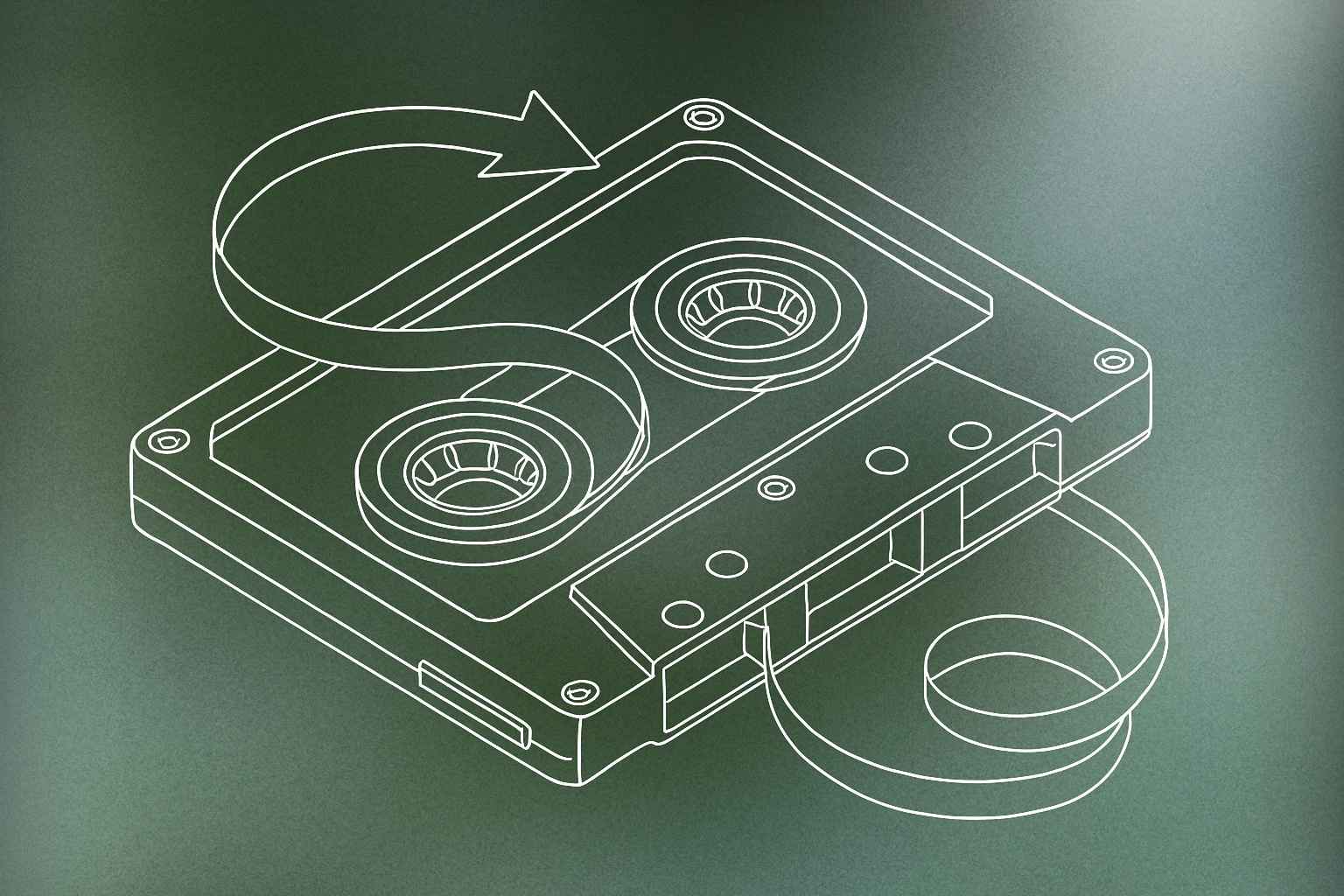 Cover of cassette tape with one reel partially unwound and an arrow looping back toward the start of the tape for Rewind sound effects