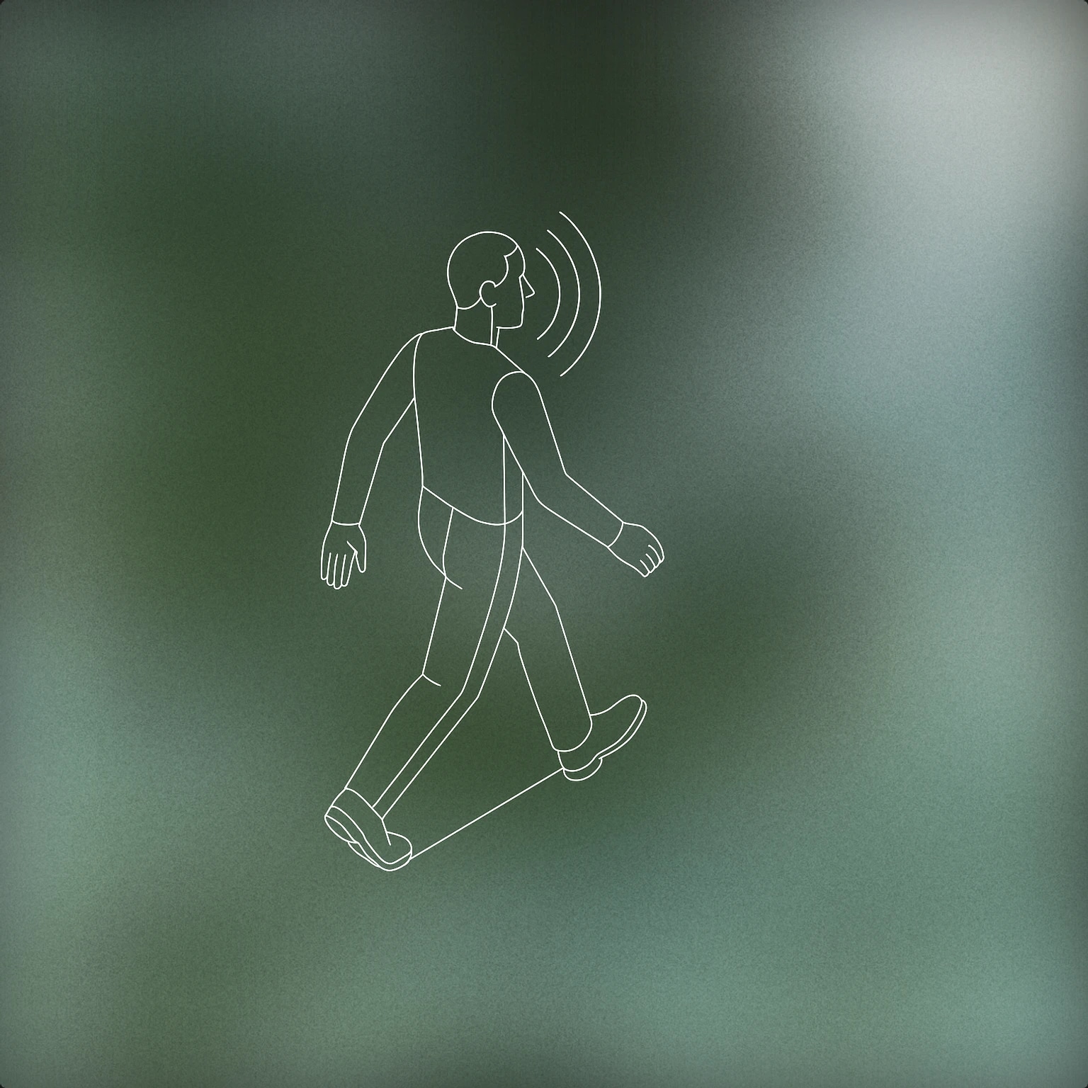 Cover of A single human figure in mid-step with one leg forward and one arm swinging back, emitting a series of curved lines emanating from their head to represent sound for Man Walking sound effects
