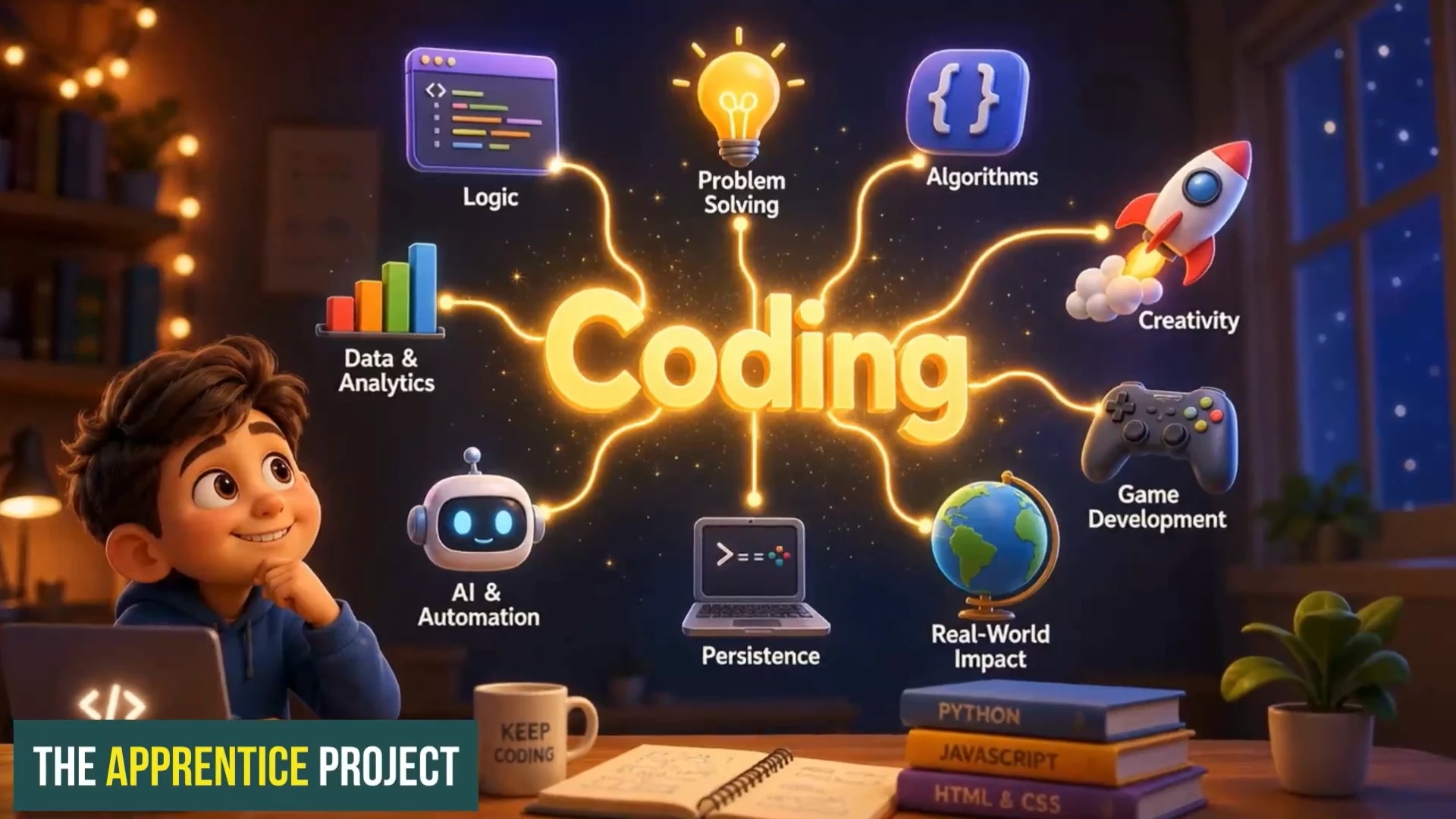 A child excitedly learns coding, illustrating its links to logic, algorithms, and creativity.