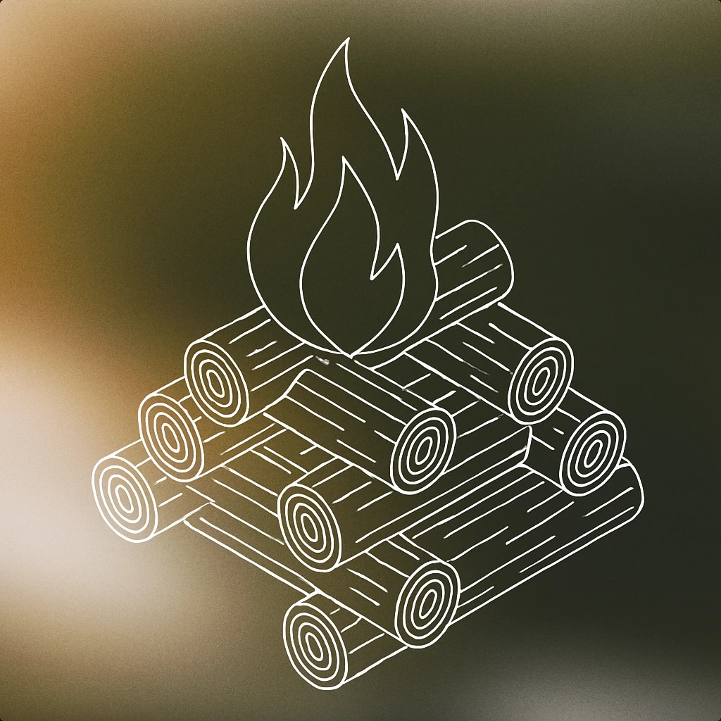 Cover of A stylized stack of wooden logs arranged in a pyramid with simple flame shapes rising from the center for Bonfire sound effects