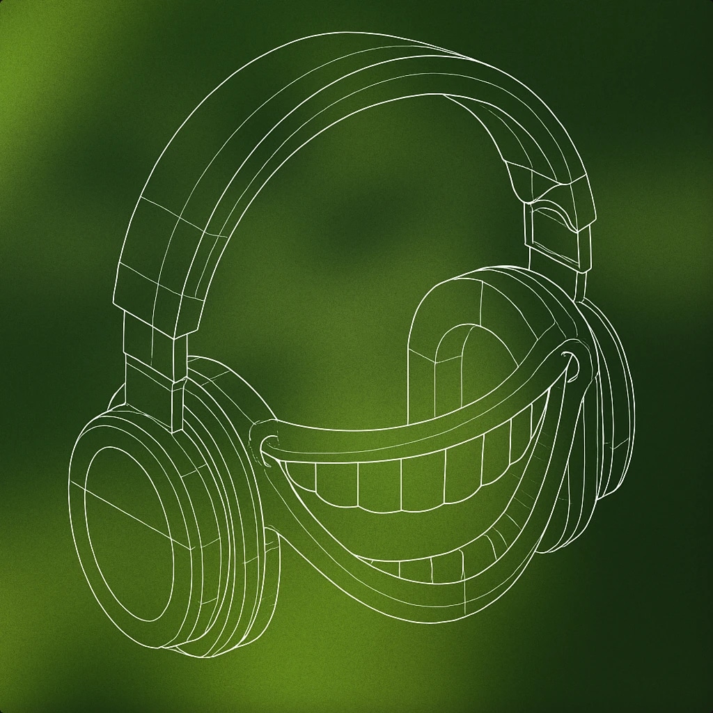 Cover of a pair of oversized headphones with a wide, exaggerated smile across the headband for Funny sound effects