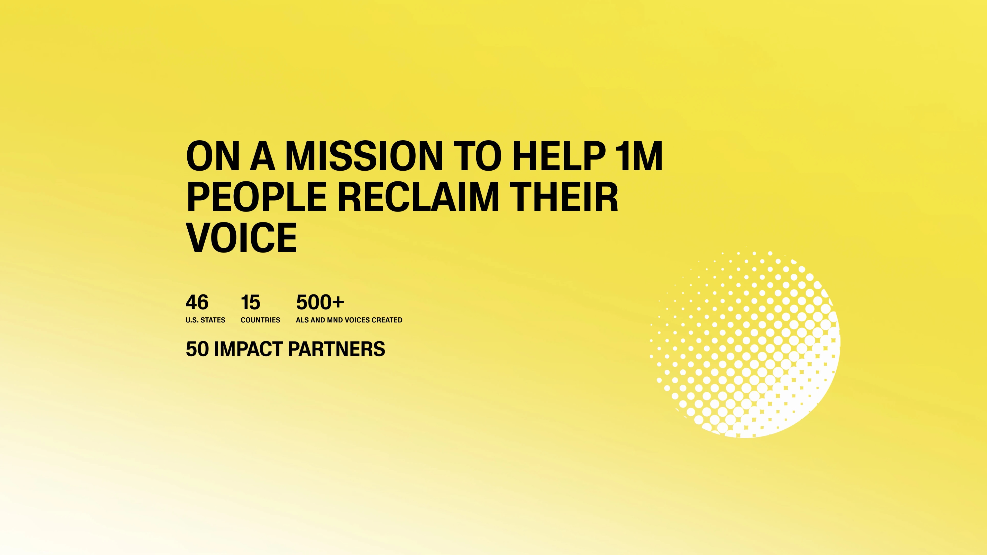 Text on a yellow background: "On a mission to help 1M people reclaim their voice" with additional statistics and partner information.