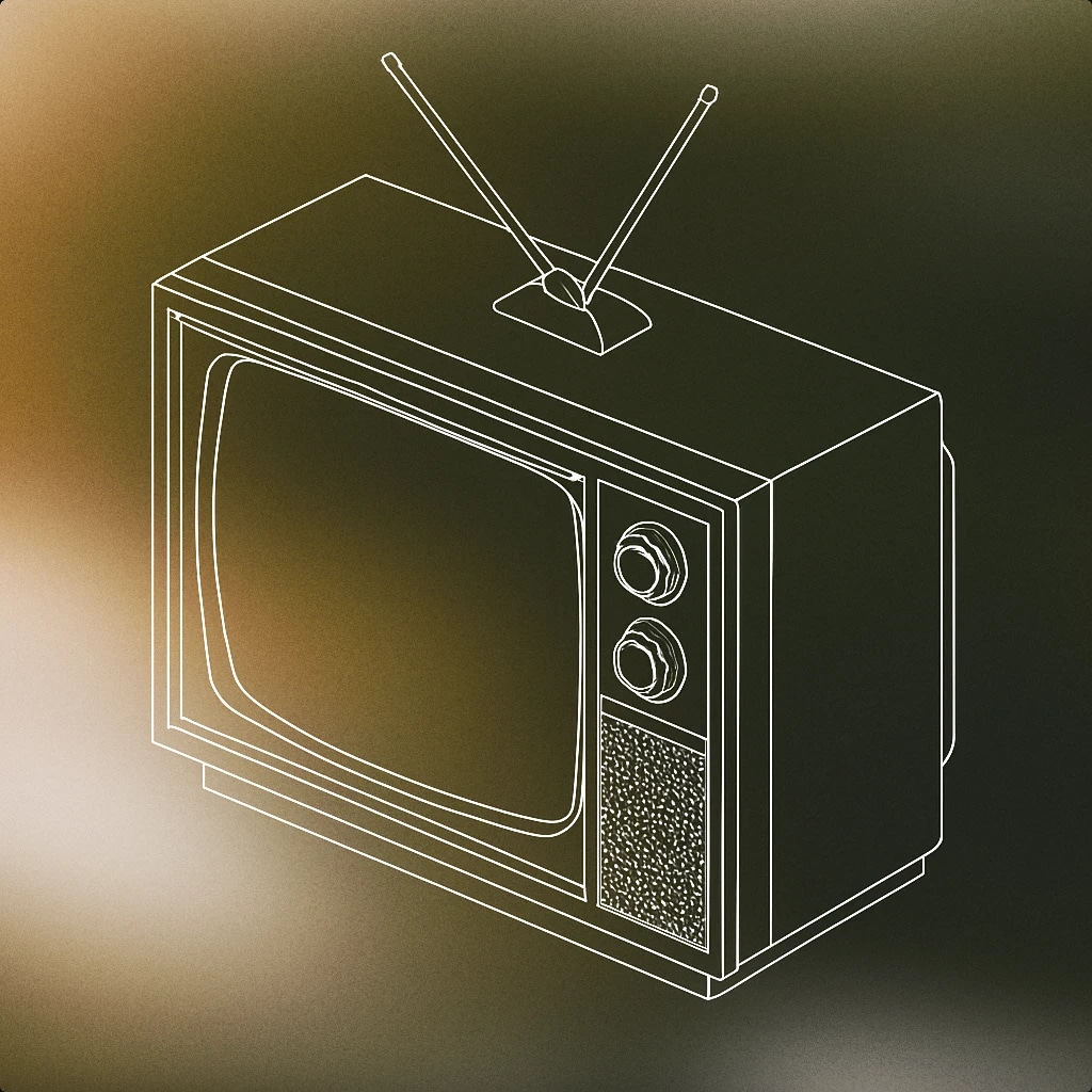 Cover of retro television set with visible dials and a prominent speaker grille for Television sound effects