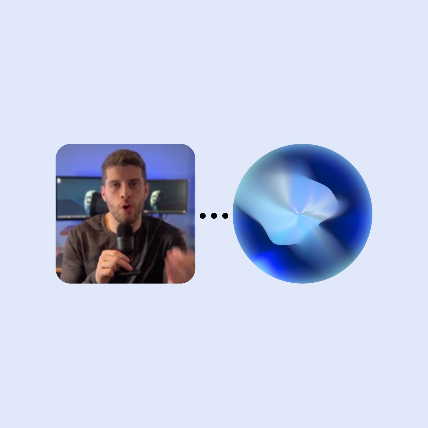 A person speaking into a microphone with a digital background, connected to a blue abstract sphere.