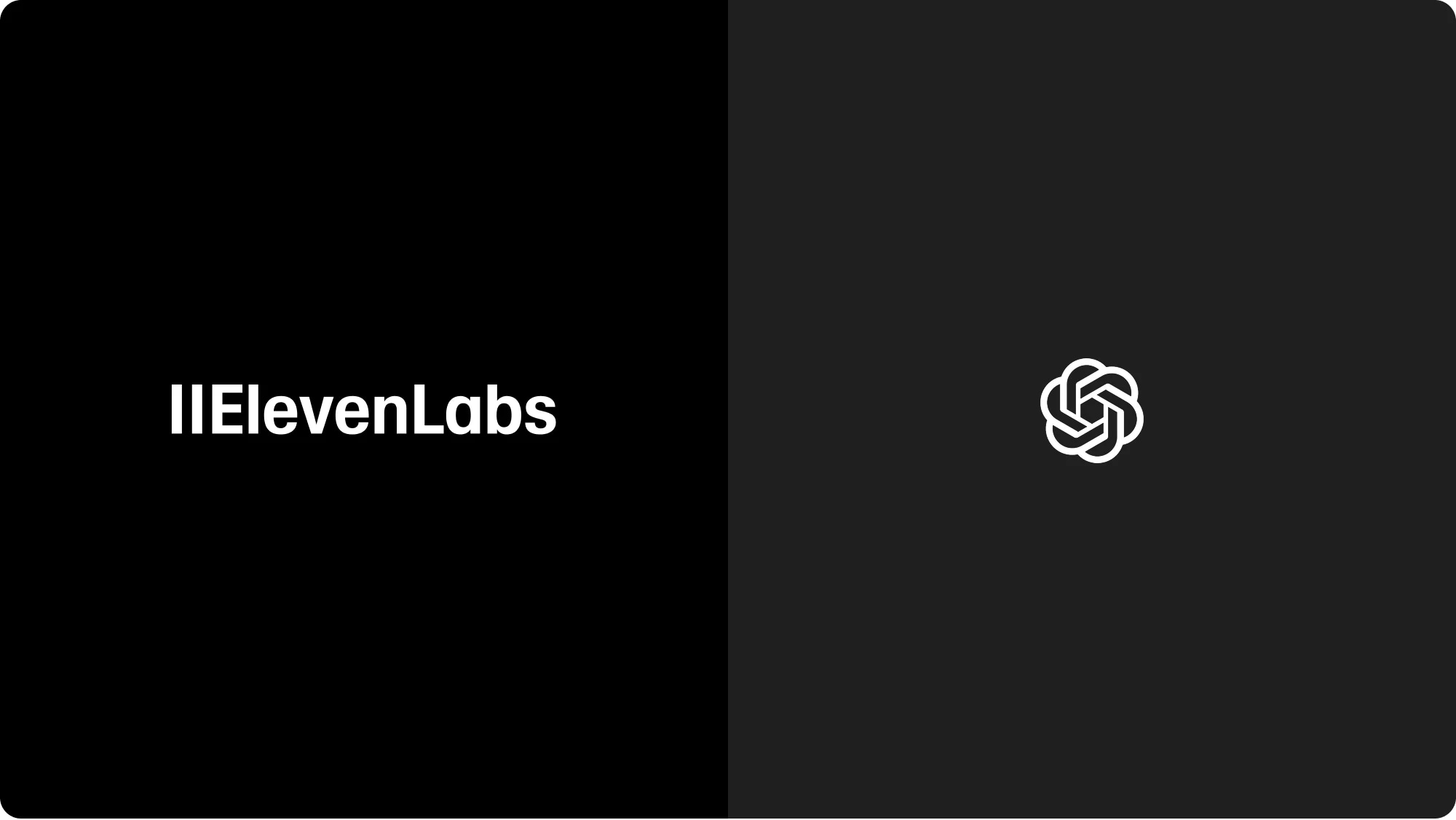IIEevenLabs logo on a black background with a white geometric icon on a dark gray background.