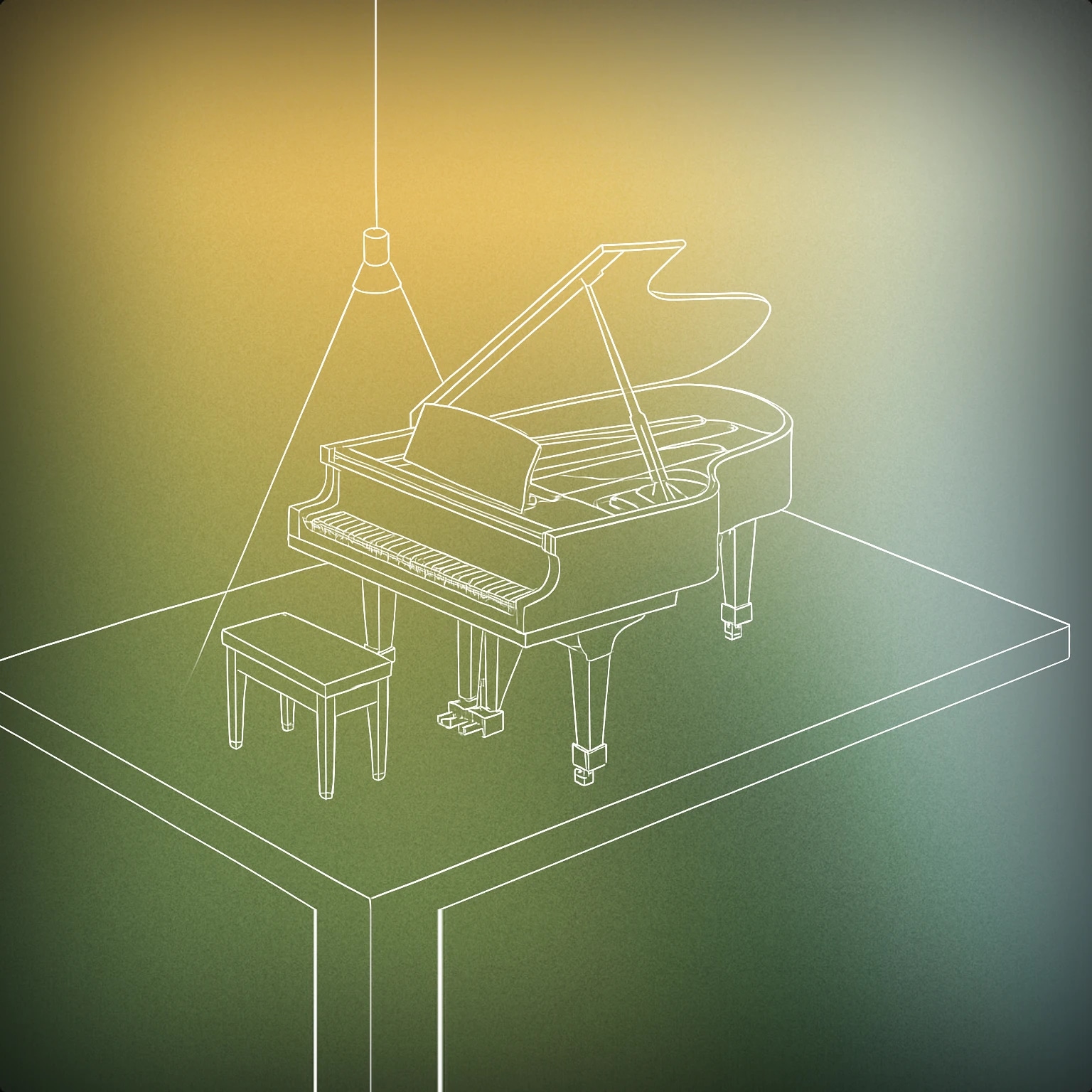 Cover of a grand piano on a stage with a single spotlight overhead for Concert sound effects
