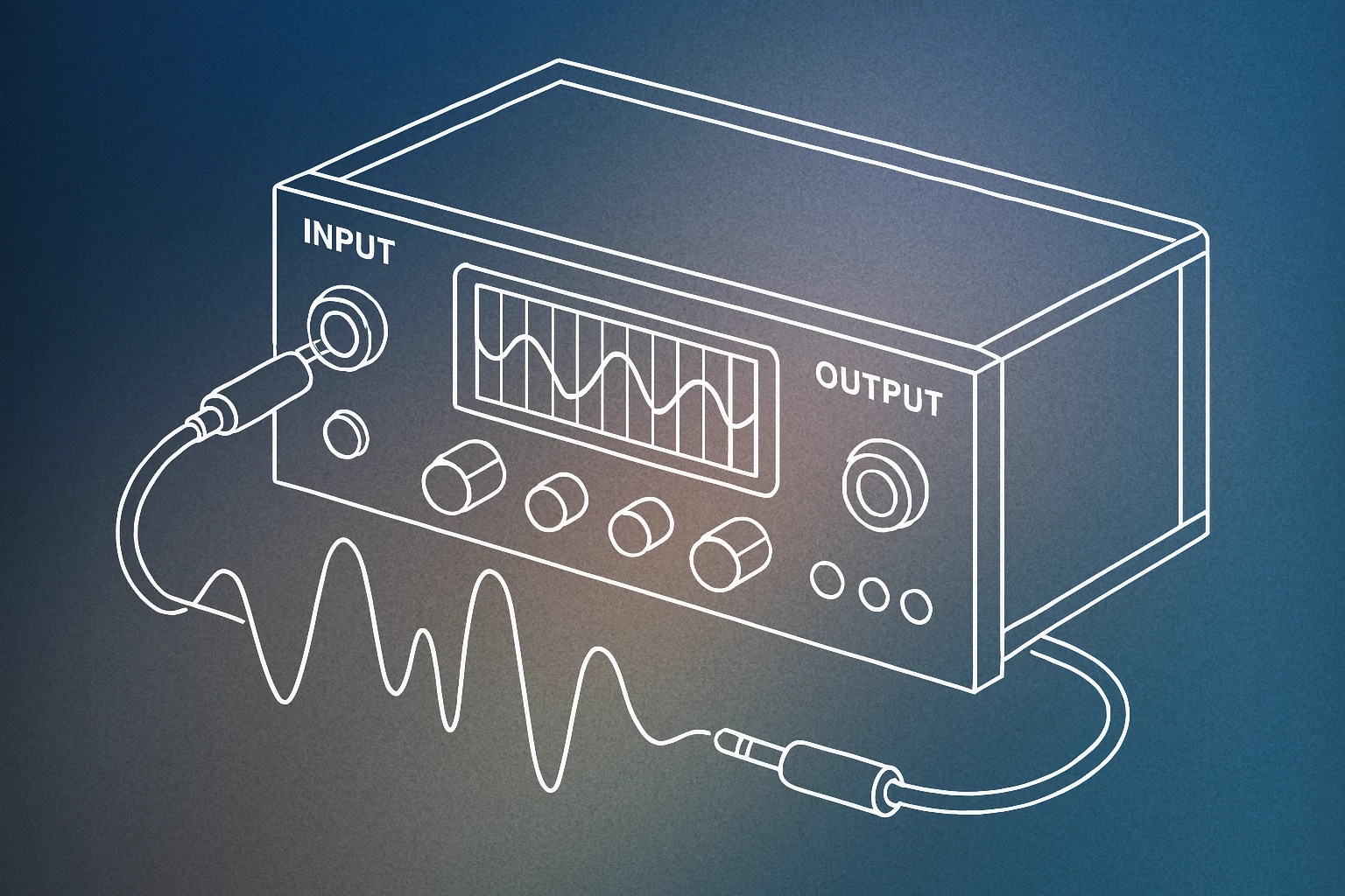 Cover of audio signal processor unit with visible input and output jacks connected by a stylized waveform path for Transformer sound effects