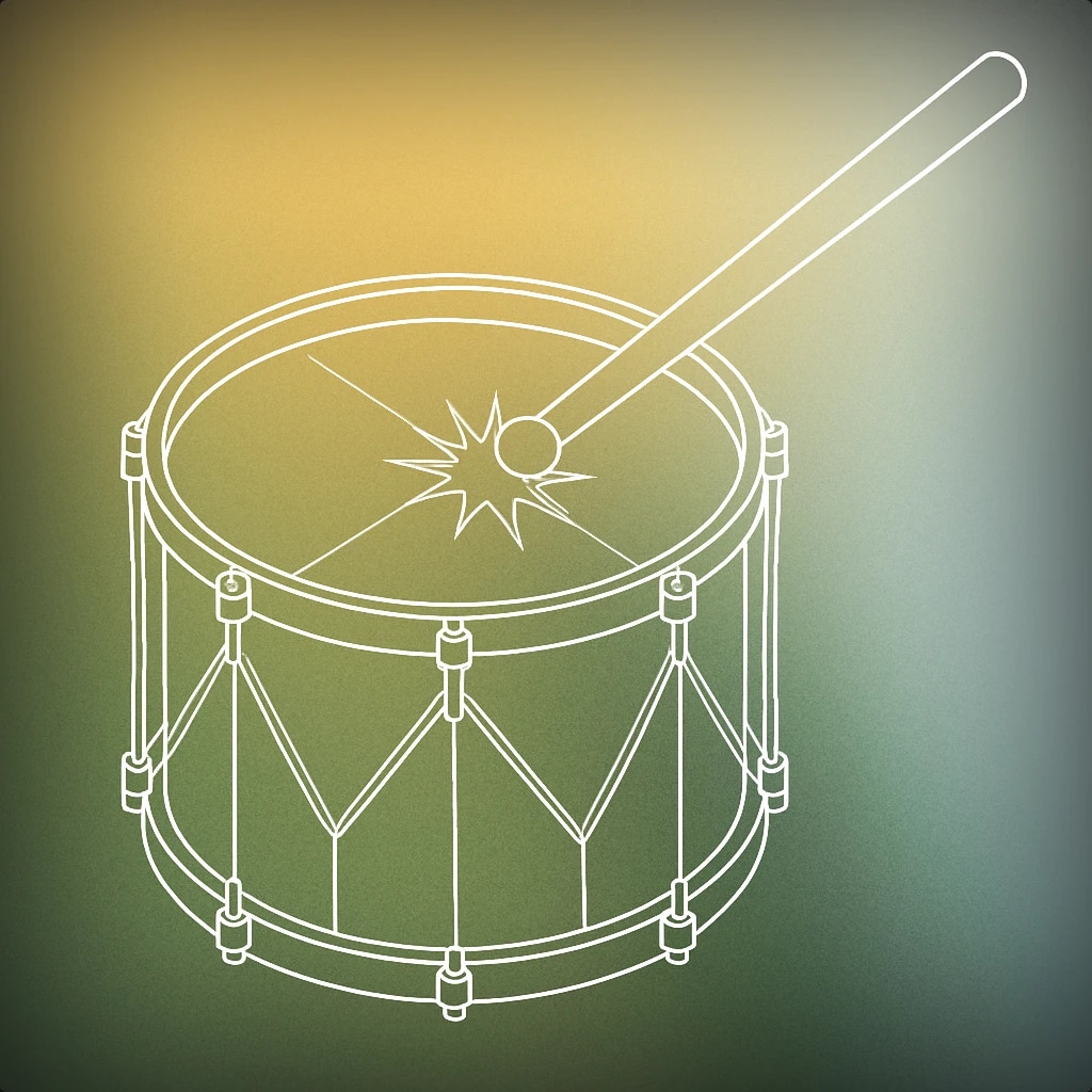 Cover of A stylized, minimal drum with a single drumstick striking its surface, with a sharp, radiating impact mark at the point of contact for Bang sound effects