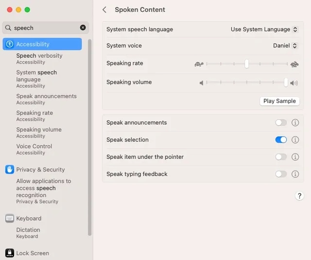 macOS Spoken Content settings with Speak Selection enabled.