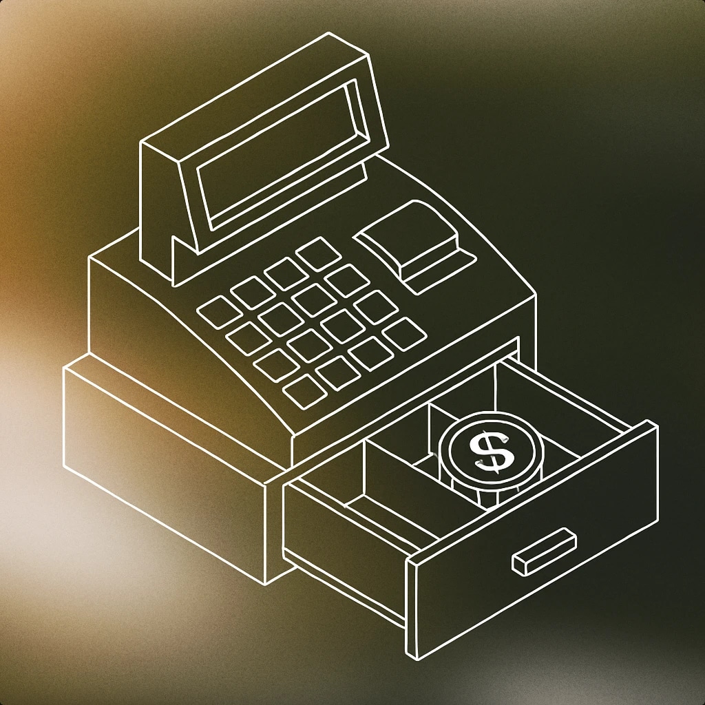 Cover of a single, stylized cash register with an open drawer and a prominent coin visible inside for Cha ching sound effects