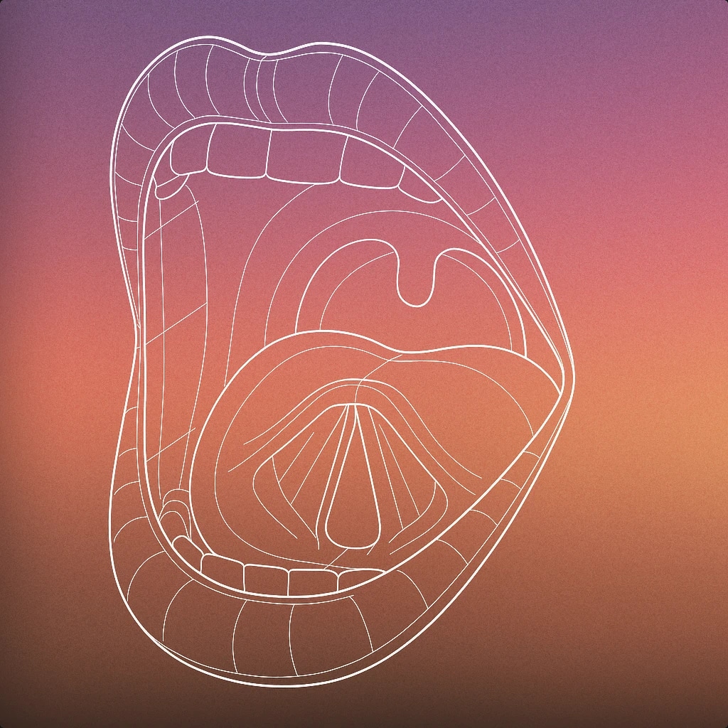 Cover of open mouth with gently curved lips and visible vocal cords for Ahhh sound effects