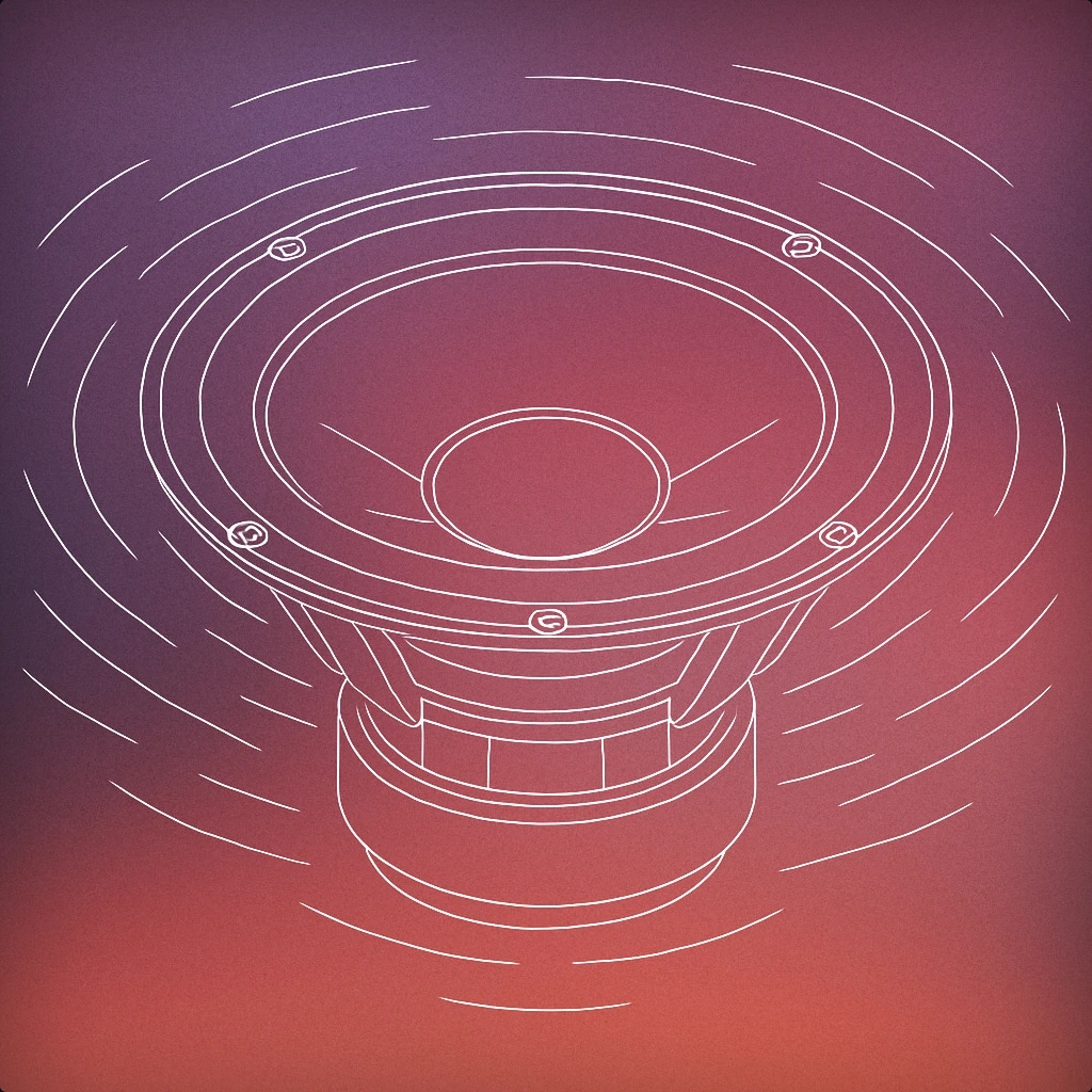 Cover of large subwoofer cone with exaggerated vibration ripples radiating outward for Whomp Whomp sound effects