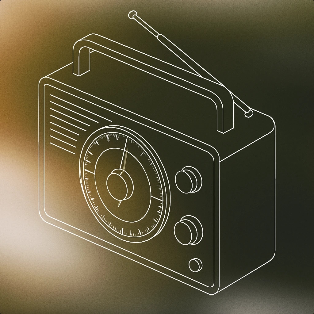 Cover of classic tabletop radio with a large central tuning dial and a simple antenna for Radio sound effects