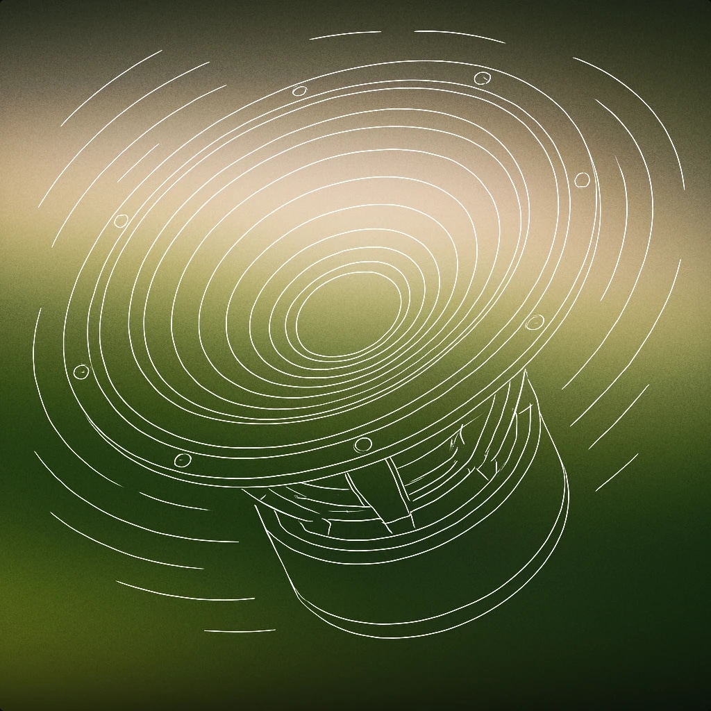 Cover of a large, vibrating subwoofer cone with visible concentric rings and subtle motion lines radiating outward for Rumble sound effects