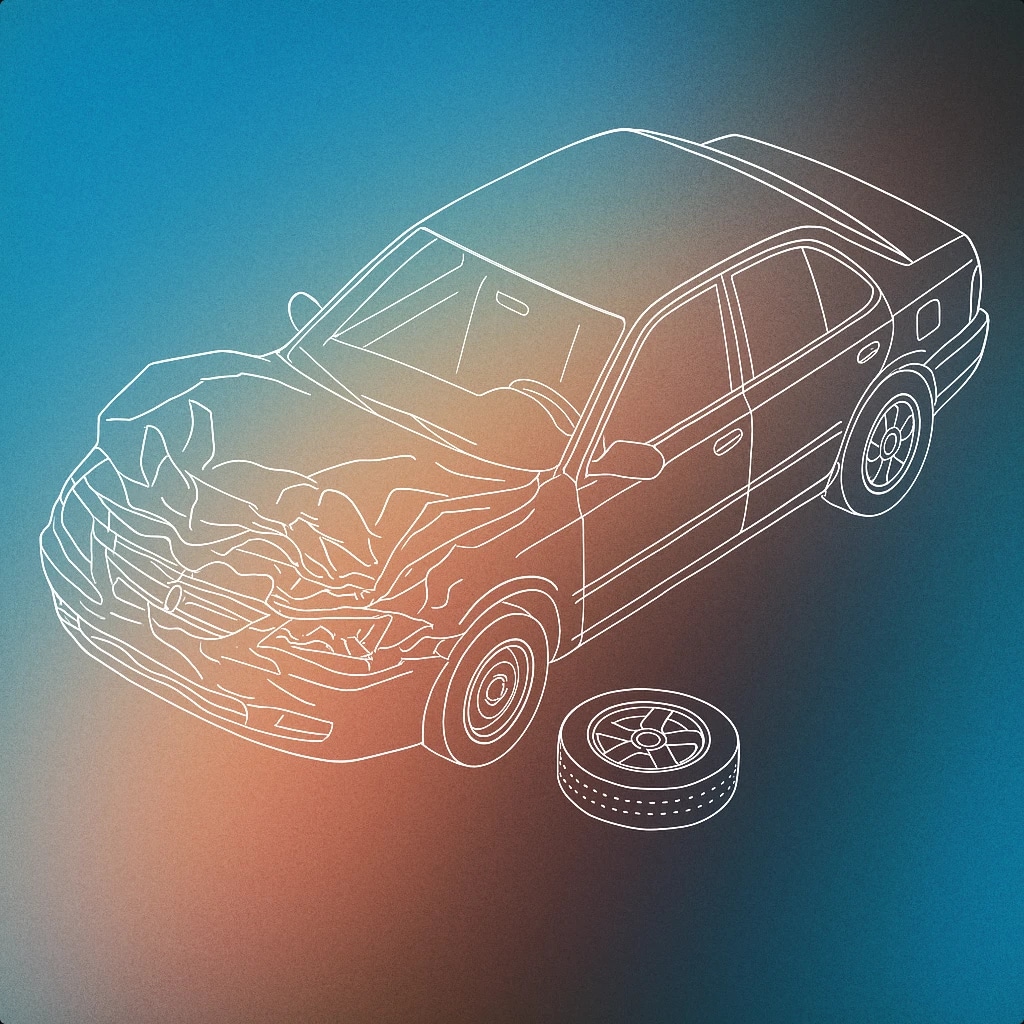 Cover of Crumpled car hood with a single detached wheel for Car Accident sound effects